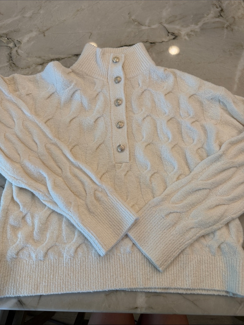 Splendid Cream Cable Knit Turtleneck Sweater with Button Placket